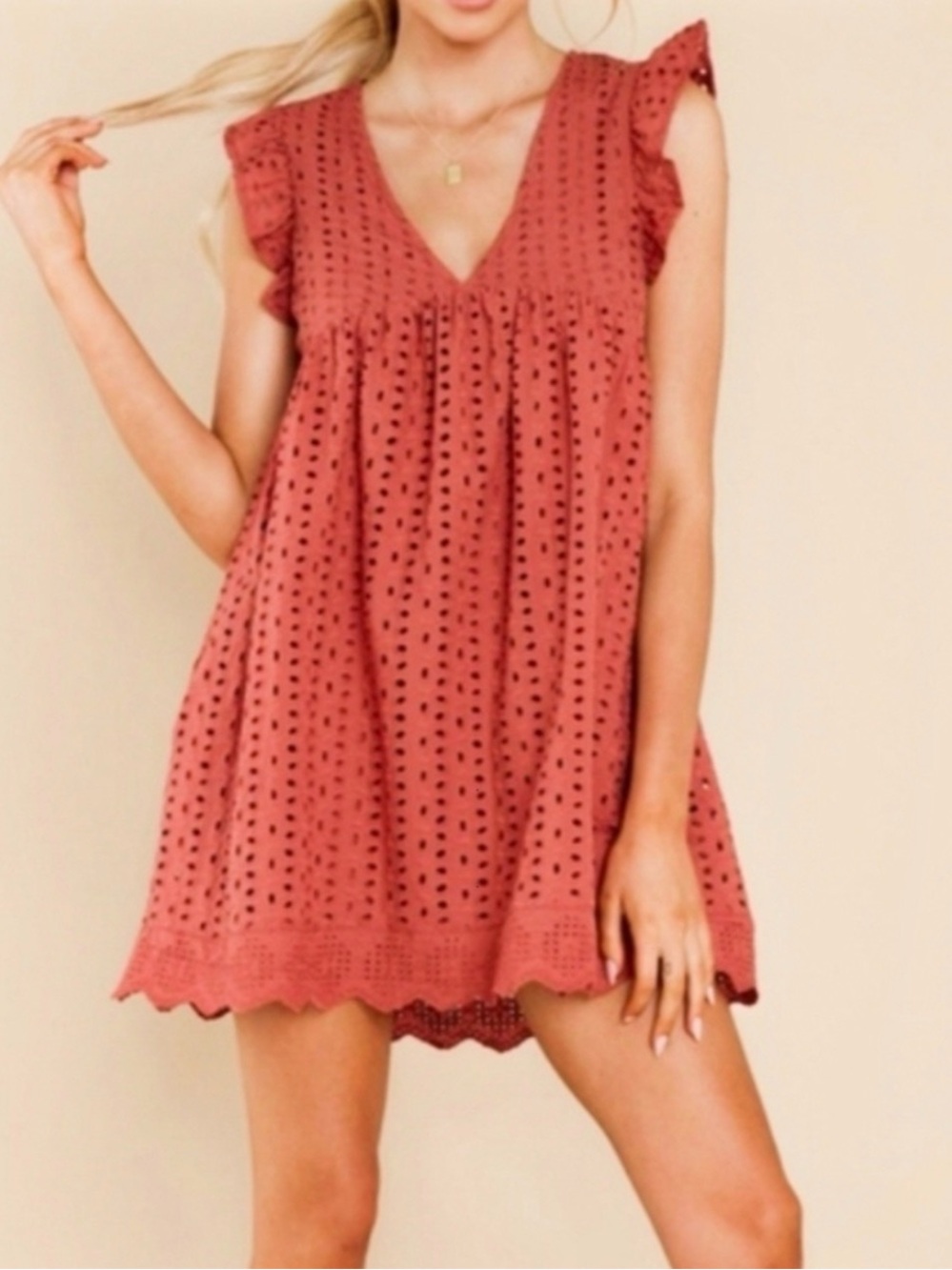 VESTIQUE | Rust Eyelet Ruffle Cap-Sleeve Romper Dress | Size Medium